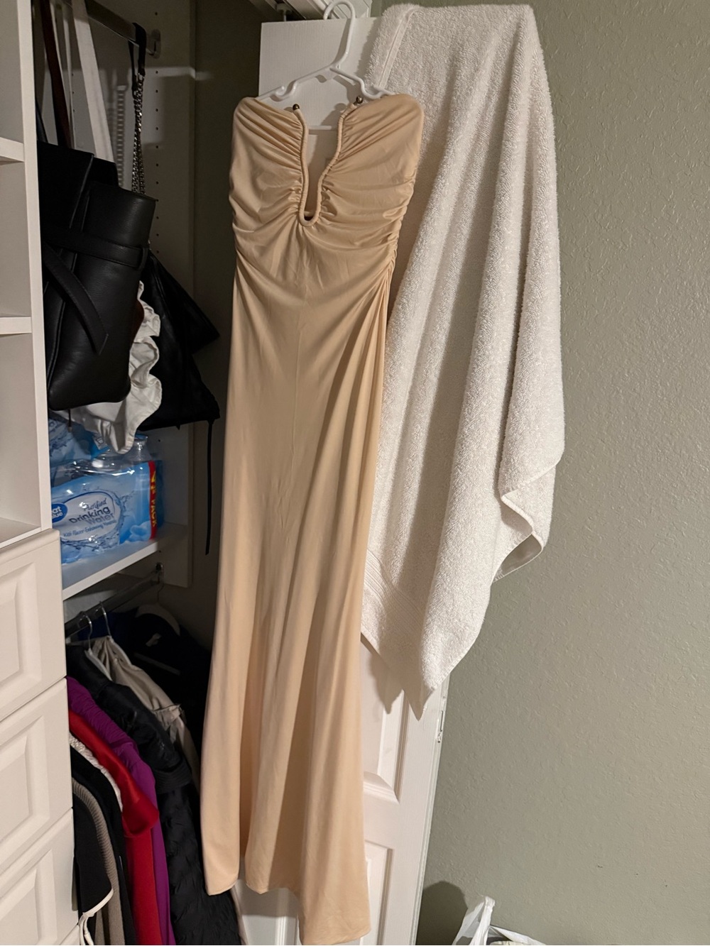 Oh Polly Strapless Ruched Maxi Dress in Beige
